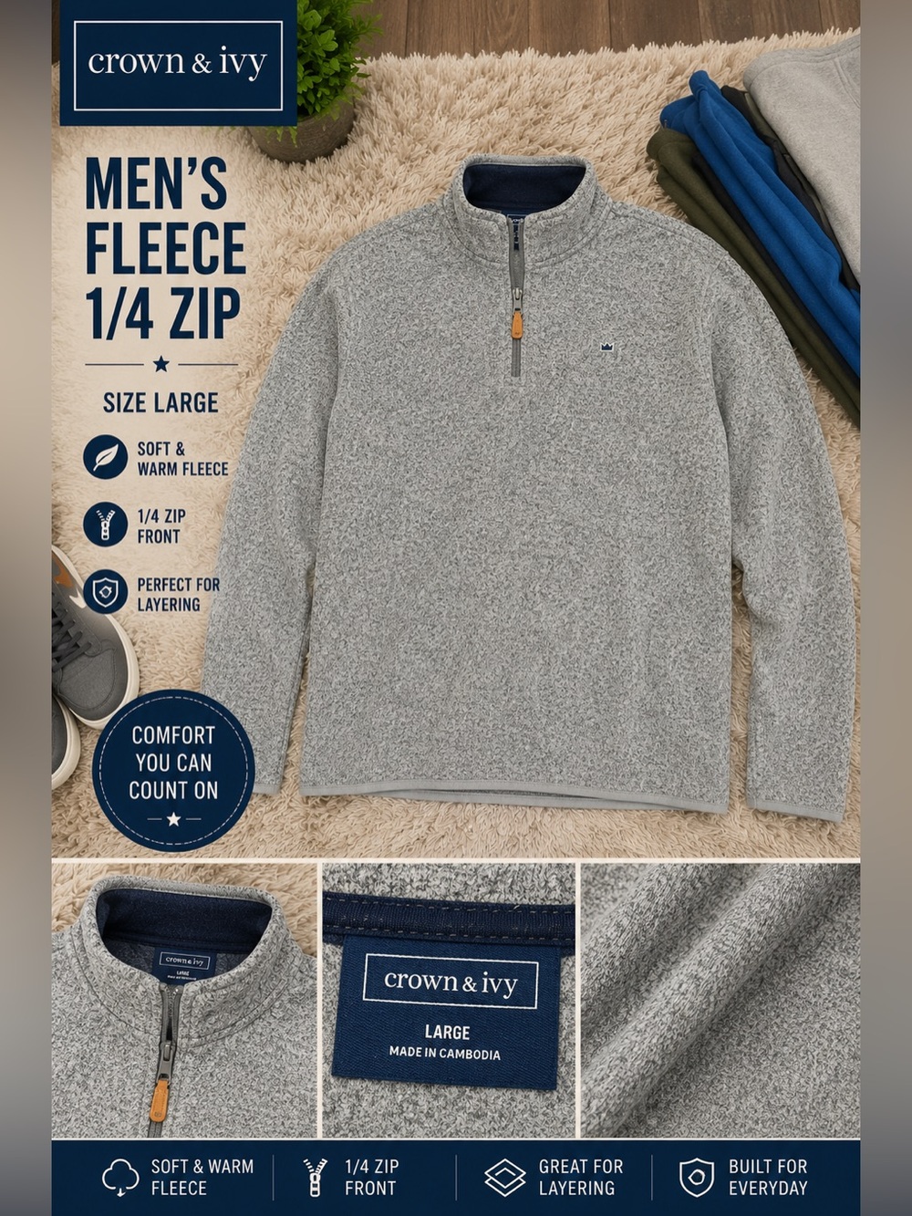 crown & ivy Men's Heather Gray 1/4 Zip Fleece Pullover